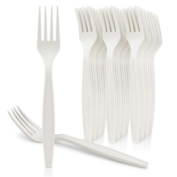 [50 Pack] HeloGreen Eco-Friendly Cornstarch 7" Disposable Forks: Heavyweight Heavy Duty Elegant Alternative To Plastic Forks, Plasticware Utensils Cutlery for Party Supplies, Wedding - Ivory