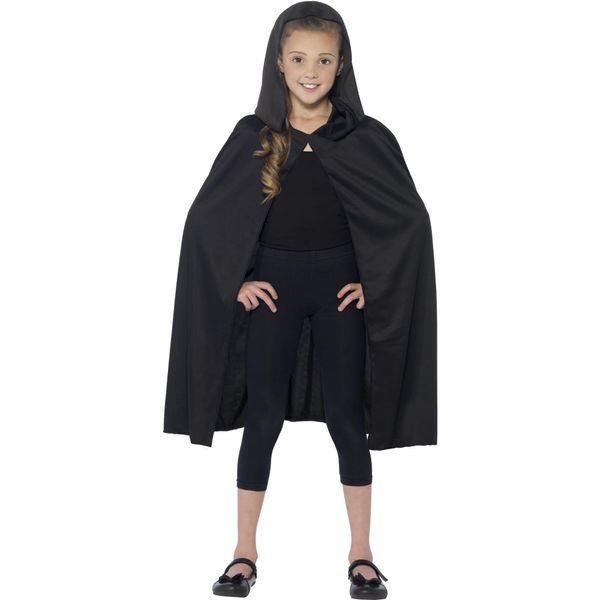 Smiffys Hooded Cape, Black Long, Halloween Child Fancy Dress, Child Dress Up Accessories