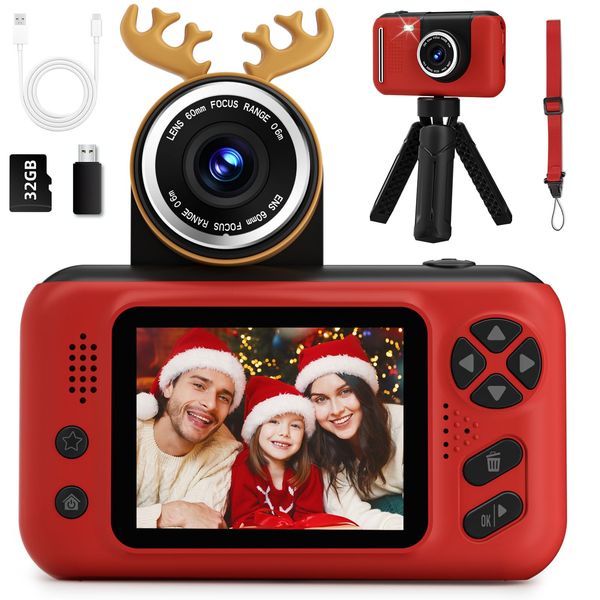 Kids Camera, Christmas Birthday Gifts for Boys and Girls Age 3-8,Video Cameras for Kids 8-12,Childrens Digital Camera for vlogging Portable Kids Selfie Camera with 32GB SD Card Red