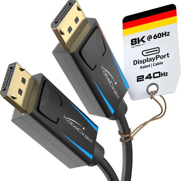 KabelDirekt – 8K / 60Hz DisplayPort Kabel 1.4 – 3 m – DP Kabel mit lückenloser Schirmung für Gaming PCs/Laptops, hochauflösende 4K / 8K Gaming Monitore und ultraschnelle 144Hz / 165Hz / 240Hz