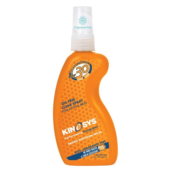 KINeSYS SPF 30 KIDS Fragrance Free Clear Spray Sunscreen for sensitive skin, Hypoallergenic, Broad Spectrum UVA/UVB protection for Face & Body; PABA and Oxybenzone FREE, 700+ Sprays, 4 Fl Oz/120 ml