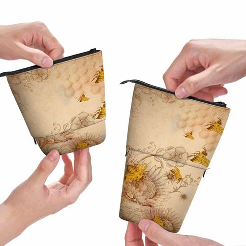 Swono Honey Bees Wildflowers Pencil Pouch Retro Etching Shading Stand Up Pencil Case Organizer Pencil Holder Cosmetics Pouch For Women Men Beige