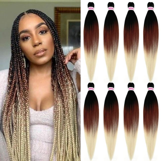 Blonde Ombre Braiding Hair Pre Stretched Kanekalon Prestretched Braiding Hair Ombre 1b to Brown Blonde Colored Hair Extensions for Braiding 26 Inch 8 Packs Micro Soft Long Jumbo Braiding Hair