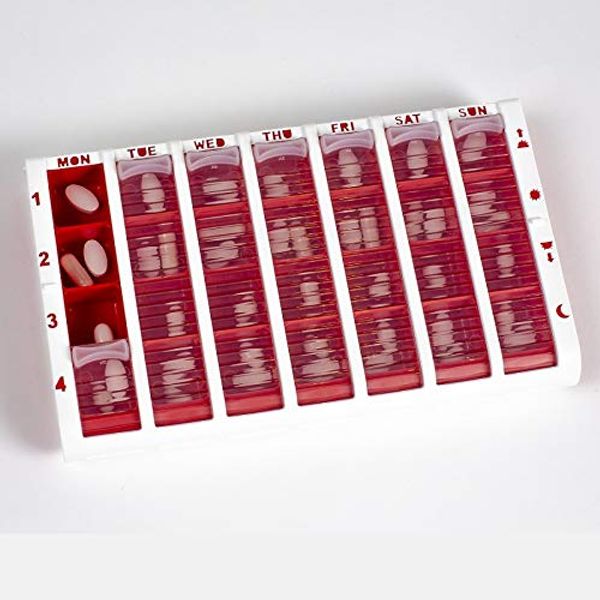 Red Pivotell Weekly Pill Box Organiser - 7 Day (28 compartments / 4 doses a Day) Pill Storage with an Innovative Easy to Open Roller Shutter