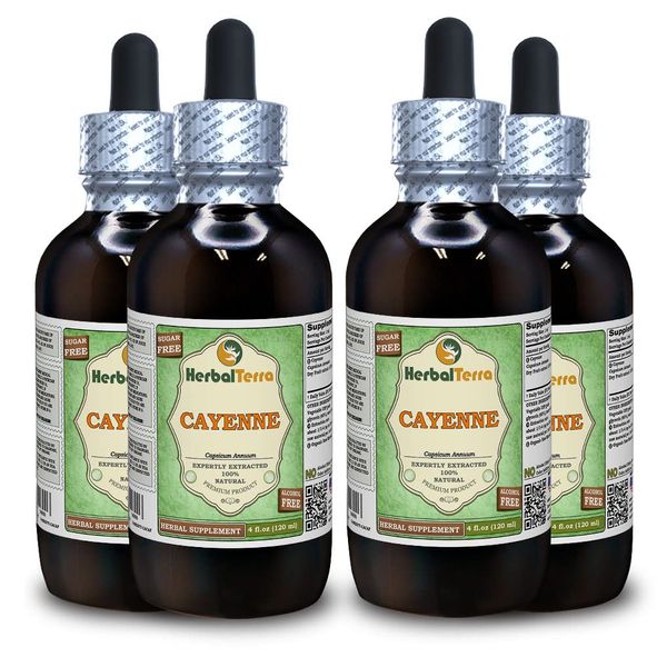 Cayenne (Capsicum Annuum) Glycerite, Organic Dried Fruits Alcohol-Free Liquid Extract (Brand Name: HerbalTerra, Proudly Made in USA) 4x4 fl.oz (4x120 ml)