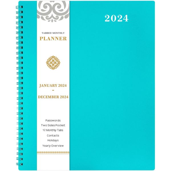 2024 Monthly Planner/Calendar - Monthly Planner 2024, Jan. 2024 - Dec. 2024, 9" x 11", 12-Month Planner 2024 with Tabs, Pocket, Label, Contacts and Passwords, Twin-Wire Binding - Teal by Artfan