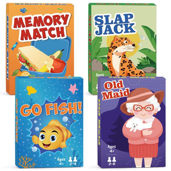 Card Games Go Fish,Old Maid,Slap Jack and Memory Match-4 Decks in 1 Pack,Classic Card Games for Kids Toddlers,Fun Kids Games for Family Party Game Night,Stocking Stuffers Gifts for Boys and Girls