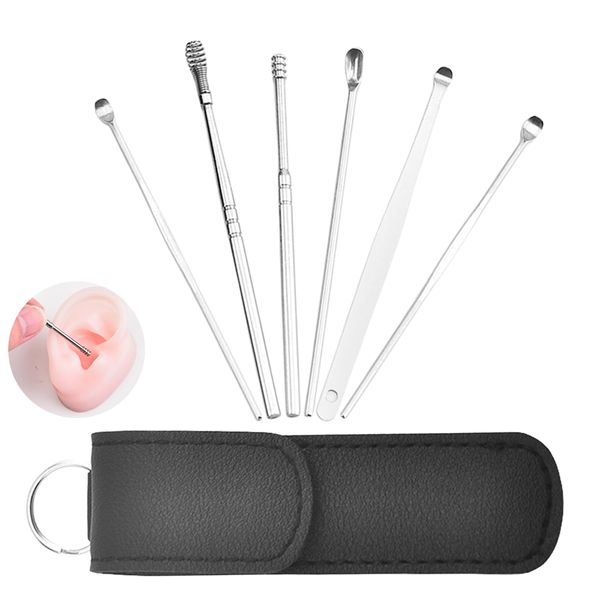 Geebymol 6 Stainless Steel Tools for Gentle Earwax Removal,Safe & Effective Ear Cleaning Kit for Children and Adults,Portable Bag Included