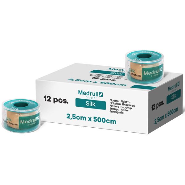 Medrull Rolls Silk Fabric Fixing Plaster Tape | Tape Size 2.5cm x 5m | Set of 12 Spools in Carton Box | Suitable for Hospital use | Medical Adhesive Tape Secures catheters, Bandages, compresses