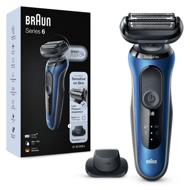 Braun Series 6 Electric Shaver for Men with Precision Trimmer, Wet & Dry, UK 2 Pin Plug, 60-B1200s, Blue Razor