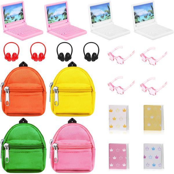 20 Pieces Mini Backpack for Dolls Dollhouse Accessories Include Tiny Micro Backpack with Zipper Laptop Books Headsets Sunglasses Cute School Scene Simulation Toys for 1/12 1/6 Scale(Elegant Style)