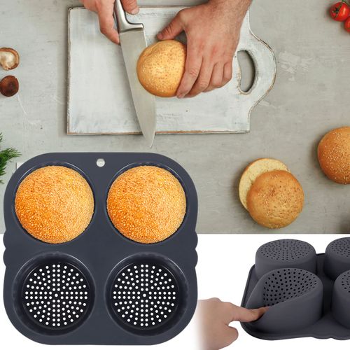 2Pcs Silicone Hamburger Bun Mold 4 Cavities Non-Stick Egg Muffin Baking Pan Flexible Burger Bread Tray Easy to Release Burger Bun Maker for Kichen Baking Cake Pie Custard