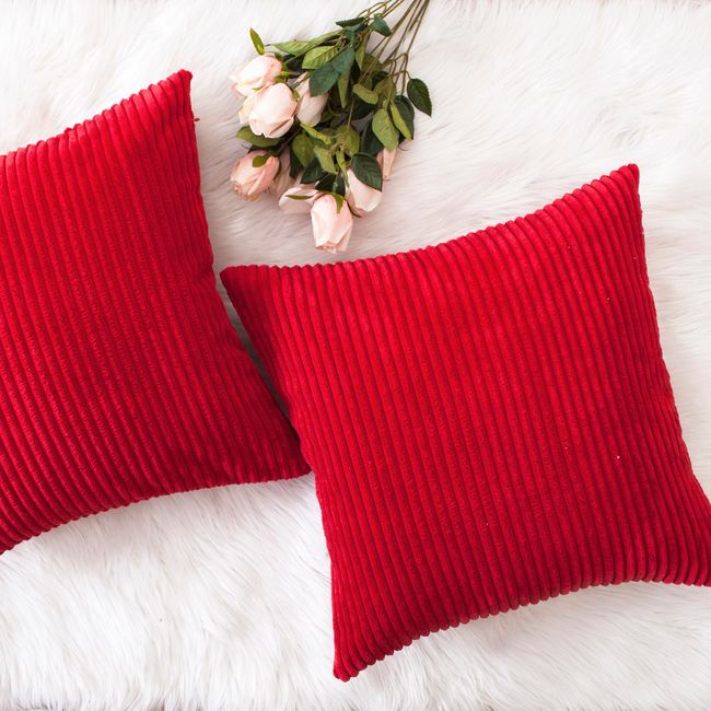 Home Brilliant Red Pillow Covers 18x18 Decorative Striped Velvet Corduroy Plush Throw Pillow Covers for Couch Holiday Wedding Decor, Set of 2, 18 x 18 inch, Red