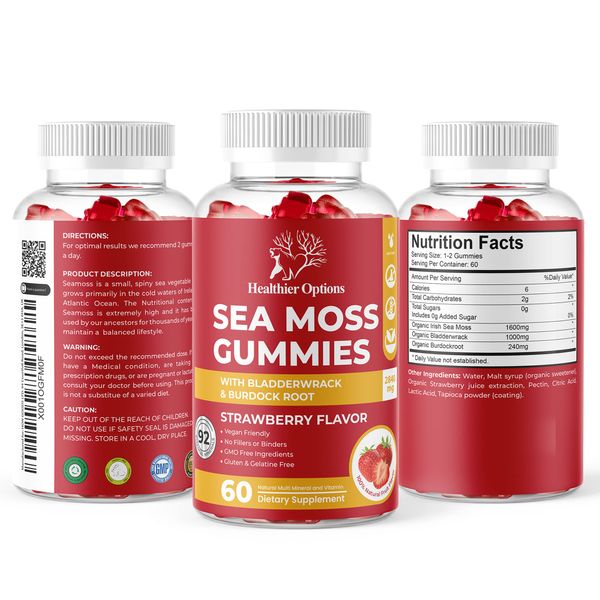 Healthier Options Irish Sea Moss Gummies with Bladderwrack & Burdock Root 5680 Mg | 60 Gummies | Strawberry Flavour | Vitamins & Minerals | Organic, Natural, Vegan, Gluten Free, Non GMO, High Strength