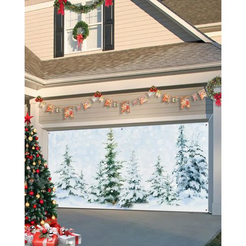 Christmas Garage Door Banner 7x16ft, Winter Pine Tree Forest Snow Scenery Country Light Blue Garage Door Cover Decorations for Outdoor Holiday,Reusable Hanging Garage Door Banner Garage Backdrop