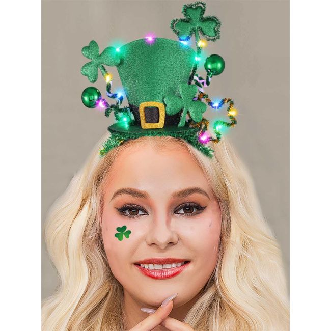 CAKURE Light Up St Patricks Day Headband Hat LED Shamrock Headpiece Green Hair Accessories Party Costume Headwear