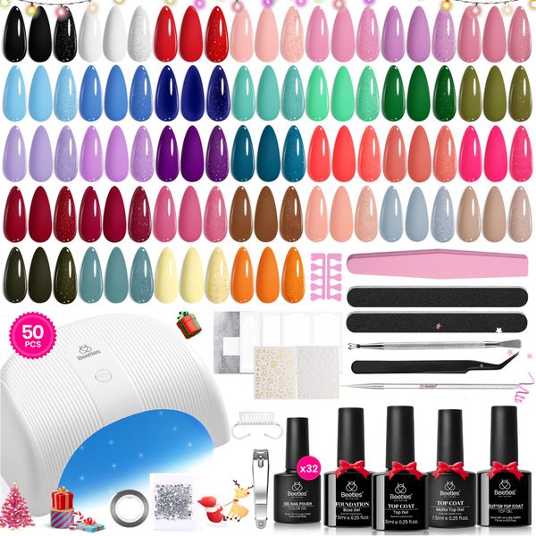 Beetles Gel Nail Polish Kit with U V Light, 32 Colors Gel Polish Nail Kit 50 Pcs Gel Polish Set with Base and Matte&Glossy Top Coat Soak Off All Season Gel Nail Kit Manicure Tools Gifts for Women