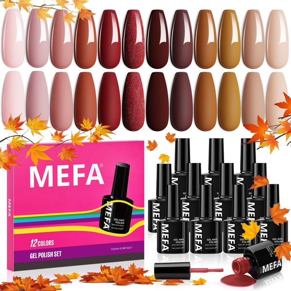 MEFA Fall Winter Gel Nail Polish Set, 12 Colors Burgundy Red Gel Polish Set Flash Dark Red Glitter Nail Polish Gel Nude Brown Pink Gel Nail Gifts for Women Girl DIY Salon Home Manicure