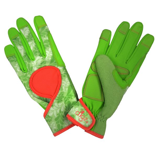 Digz Signature High Performance Women's Gardening Gloves with Touchscreen Capable Fingertips, Green Leaves Pattern, Small