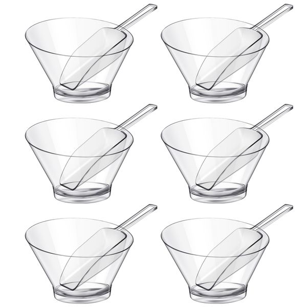 Clear Serving Bowls and Plastic Kitchen Scoops Plastic Disposable Bowls Popcorn Scoops Angled Candy Bowl Small Scoops for Salad Laundry Cooking Parties Office Snack Canisters (12 Pcs,210 ml)