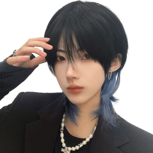 FESHFEN Men's Wig, Short, Wolf, Inner Color, Full Wig, Men's, Harajuku, Cool, Handsome, Natural, Small Face, Heat Resistant, Popular, Fashion, Unisex, Short Hair, Net/Comb, Wolf Blue