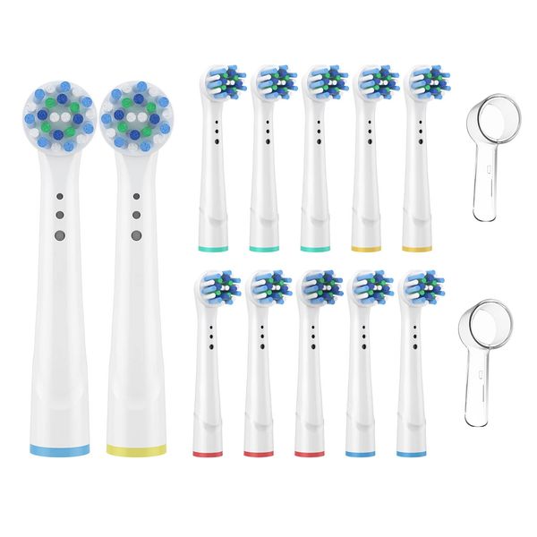 Pack of 12 Cross Clean Electric Toothbrush Replacement Brush Head with Angled Bristles for Deeper Clean and Plague Removal with Hygienic Caps. (White)