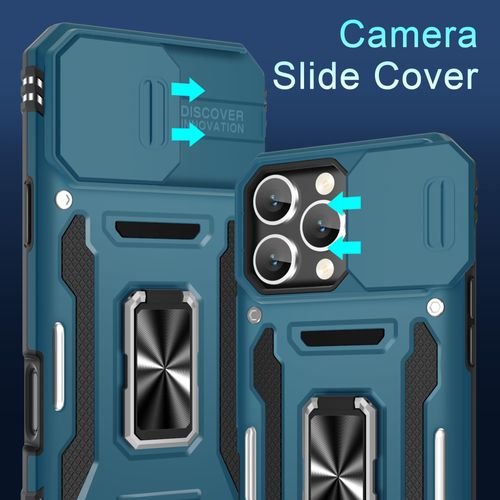 DEERLAMN Case for iPhone 16 Pro with Slide Camera Cover+Screen Protector(2 Packs), Rotated Ring Kickstand Military Grade Shockproof Protective Cover-Light Blue