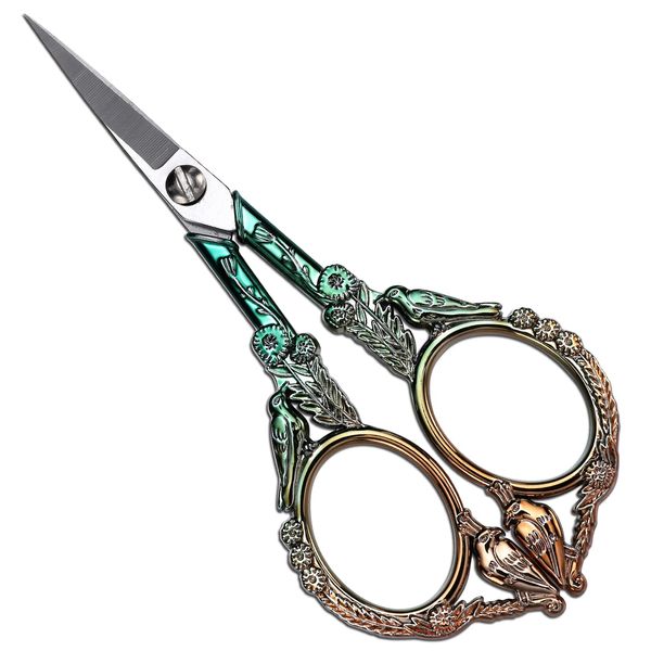 YOUGUOM Embroidery Scissors, Sharp Pointed Sewing Scissors for Craft Cross Stitch Needlework Artwork Knitting Threading Small DIY Tools, 4.6in Gold Green Cute Bird