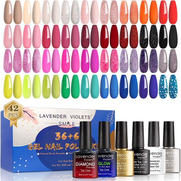Lavender Violets 42 Pcs Gel Nail Polish Set, 36 Colors with 6 Bottles of Base To