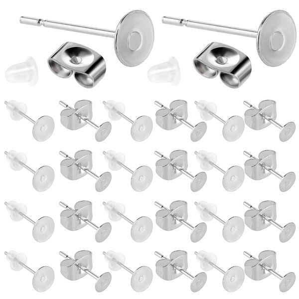 Teaaha 600 Stück Ohrstecker Rohlinge, Edelstahl Ohrringe Rohlinge, Flach Pad Ohrring Verschluss, DIY Ohrstecker Selber Machen, Ohrring Rücken für Schmuckherstellung (Silber)