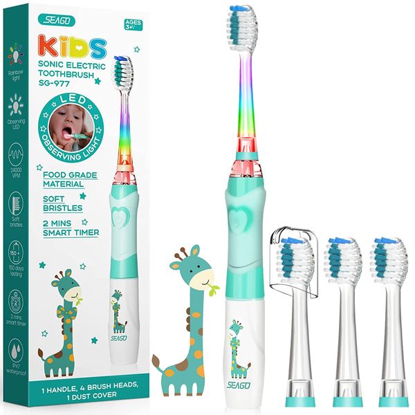 Kids Electric Toothbrushes Age 3+ Years Toddler Childrens Battery Toothbrush with Timer Colorful Flashing Light 4 Brush Heads for Baby Childs Boys Girls Waterproof Deep Clean Seago SG977 (Green)