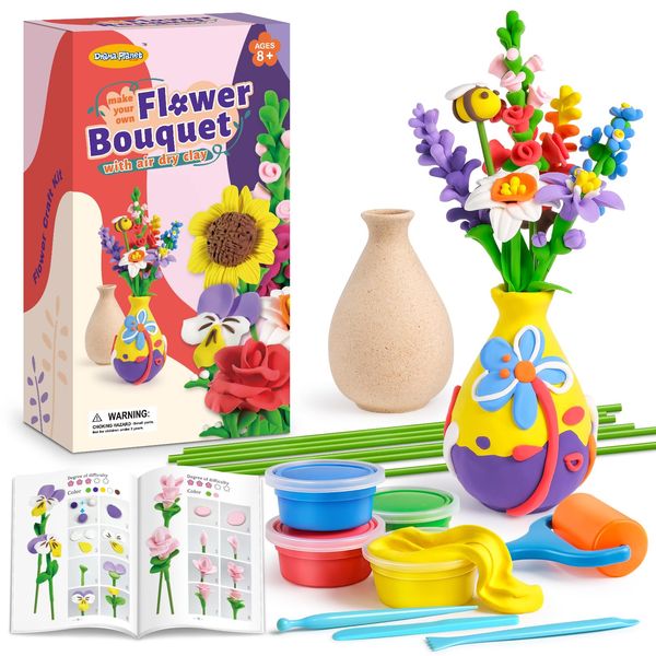 Drama Planet Flower Craft Kit for Kids, Make Your Own Flower Bouquet with Air Dry Clay, Arrange Clay Flowers & Create Personalized Art, Great Gifts for Girls