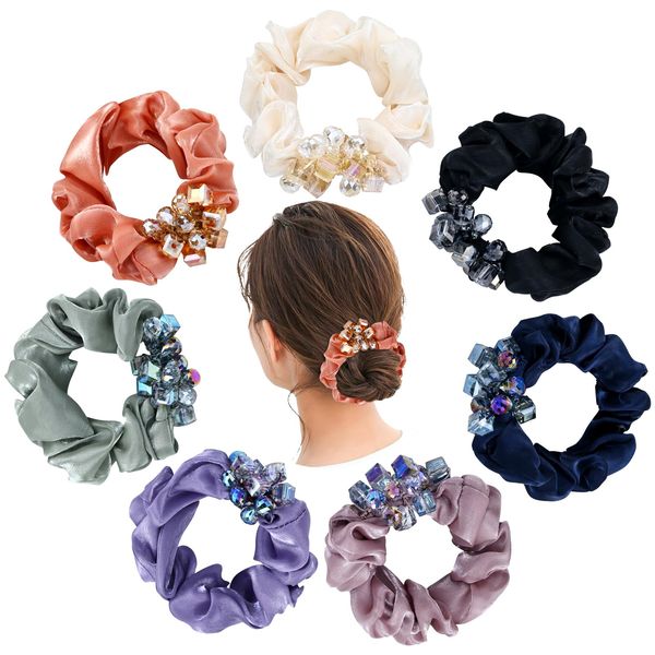 inSowni 7 Pieces Stretchy Chiffon Bead Hair Scrunchies Ponytail Holders Non Slip Hair Ties Bands Ropes Accessories for Women Girls