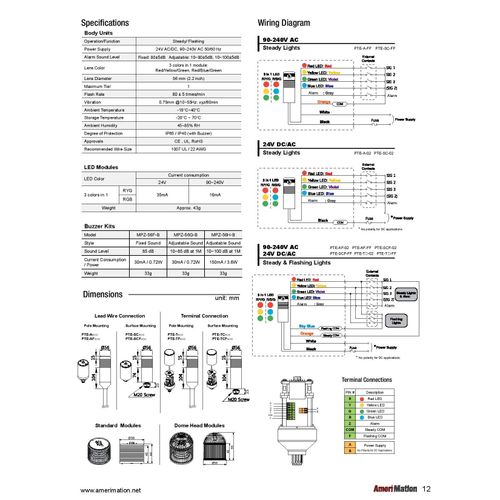 PTM-AF-102-RYG-B, LED Stack Tower Light, 56mm Lens, 3 Colors(R/Y/G) in one Module, Steady/Flash, Pole mounting Black Body, 25" prewired, 24V AC/DC