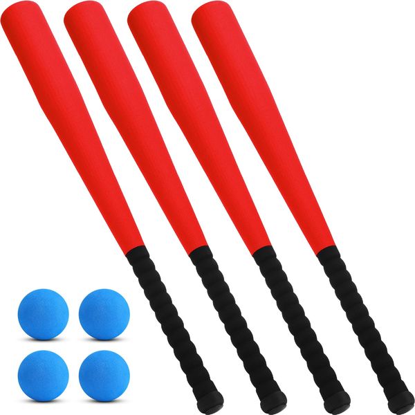 Wettarn 4 Pieces Foam Baseball Bat 24 Inches Foam Bat with 4 Pcs Safe Soft Baseballs T Ball Set for Outdoor Indoor Sport Game Baseball Beginners Practice Playing Training (Red)