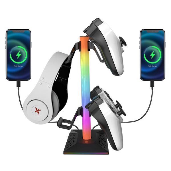 LOUIKAY Gaming Kopfhörer Ständer RGB, Headset Halterung mit 2 USB-Anschlüsse und Type C, Universal Kopfhörer Halter für Kopfhörer & Xbox PS5 Switch Controller