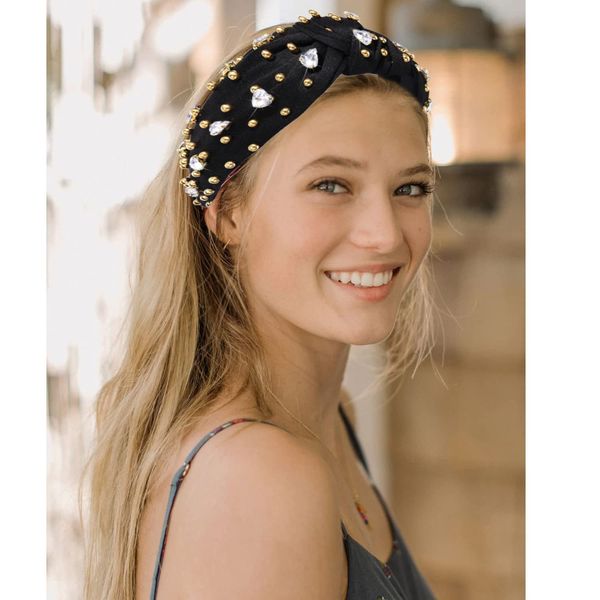 CEALXHENY Crystal Knotted Headbands for Women Sparkly Rhinestone Jeweled Headbands Wide Gold Beads Embellished Hairbands Summer Beach Hair Accessories (Black)