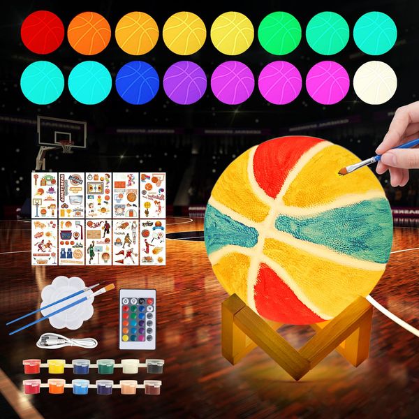 Minleway Paint Your Own Basketball Lamp Kit,16 Colors 5.9 Inch DIY 3D Basketball Night Light,Arts and Crafts for Kids Ages 4-12,Art Supplies for Kids Girls Boys Birthday Gifts