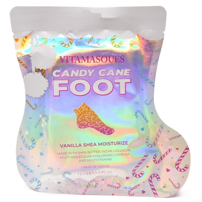 Vitamasques Candy Cane Vegan Foot Mask Vanilla Shea Moisturize Socks - 1pr