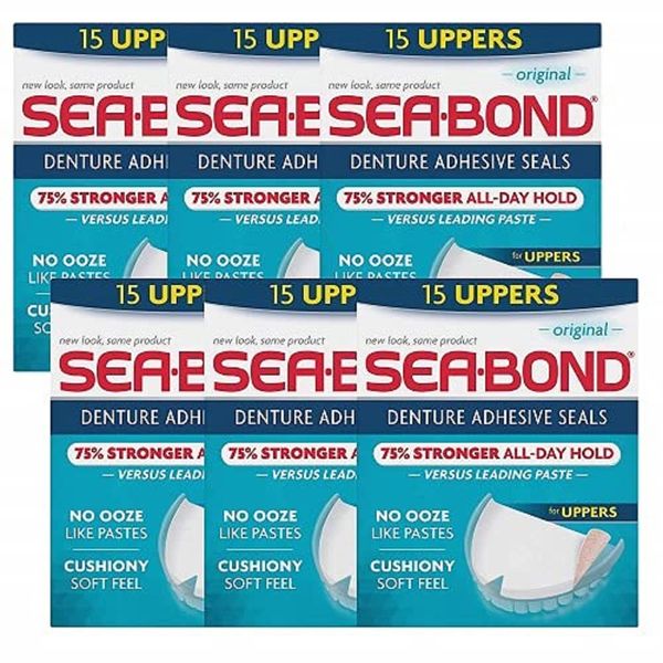 Sea-Bond Secure Denture Adhesive Seals, Original Uppers, Zinc Free, All Day Hold, Mess Free, 15 Count- Pack of 6 ( 90 Total Uppers)