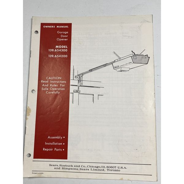 Owner's Manual for Craftsman Garage Door Opener, models 139.654300 139.654200