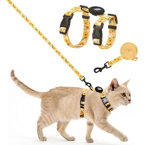 SCENEREAL Adjustable Cat Harness and Leash Set with AirTag Holder, Escape-Proof Design for Small to Large Cats, Lightweight Soft Travel Harness, Yellow Floral