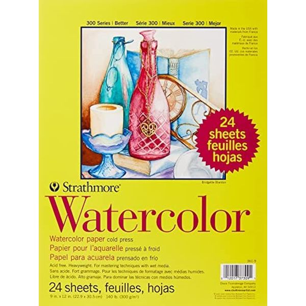 Strathmore 300 Series Watercolor Paper Pad, 9x12 inches, 24 Sheets (140lb/300g) - Artist Paper for Adults and Students - Watercolors, Mixed Media, Markers and Art Journaling