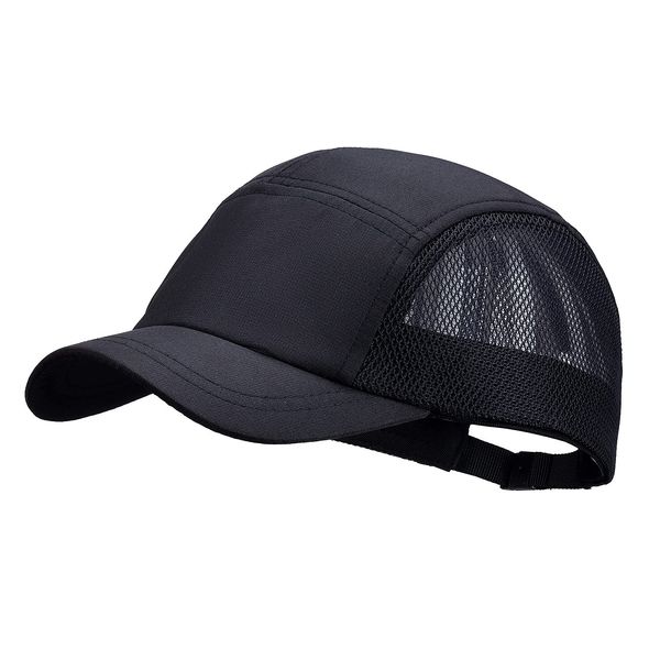 CLAPE Short Brim Baseball Cap Black Mesh 5 Panel Cap Quick Drying Basecaps Adjustable Men’s Trucker Snapback Cap Atmungsaktiv Cap Kurzer Schirm