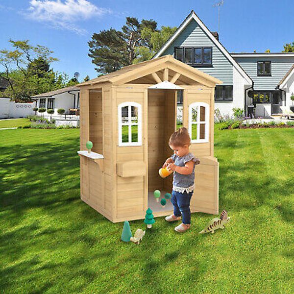 Kids Outdoor Wooden Playhouse Garden Games Cottage with Door Flowers Pot Holder