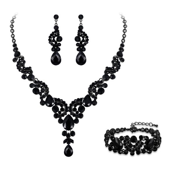 EVER FAITH Costume Jewelry Sets Rhinestone Crystal Bridal Bride Art Deco Floral Teardrop Necklace Earrings Bracelet for Women Black Black-Tone