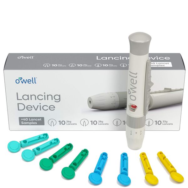 OWell Painless Design Lancing Device + 40 Twist Top Lancets for Blood Glucose & Keto Testing | Lancing Kit Includes: 1 Adjustable Lancing Device + 10 of 26g, 28g, 30g & 33g Lancets (40 Lancets)