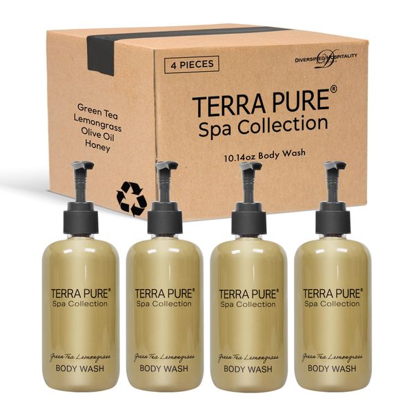 Terra Pure Body Wash | Spa Collection | Hotel Amenities in Pump Bottle | 10.14 oz. / 300 ml (4 Bottles)