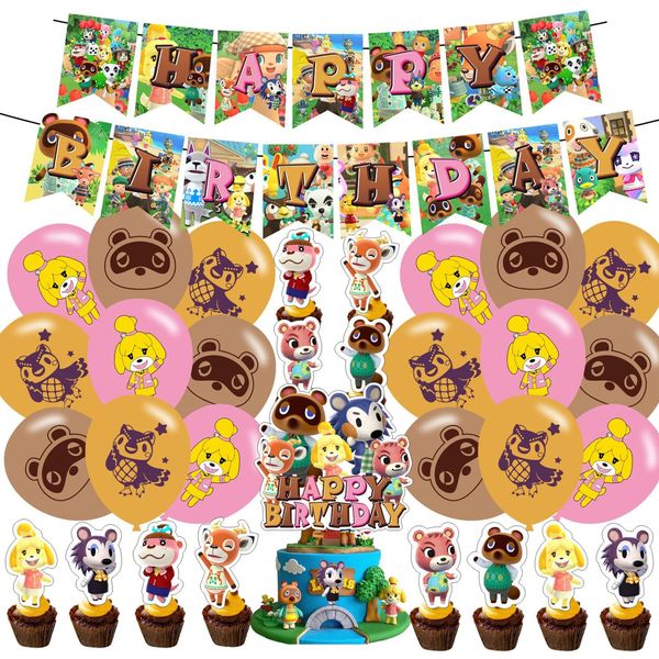 Animal Cross-ing Themed Birthday Party Supplies,Animal Game Balloons Decorations for New Horizons Party Happy Birthday Balloons, Cupcake Toppers, Cake Toppers