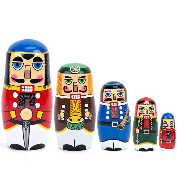 AMOR PRESENT Nutcracker Nesting Doll, 5Pcs Russian Matryoshka Dolls Christmas Nutcracker Figures Handmade Wooden Nutcracker Set